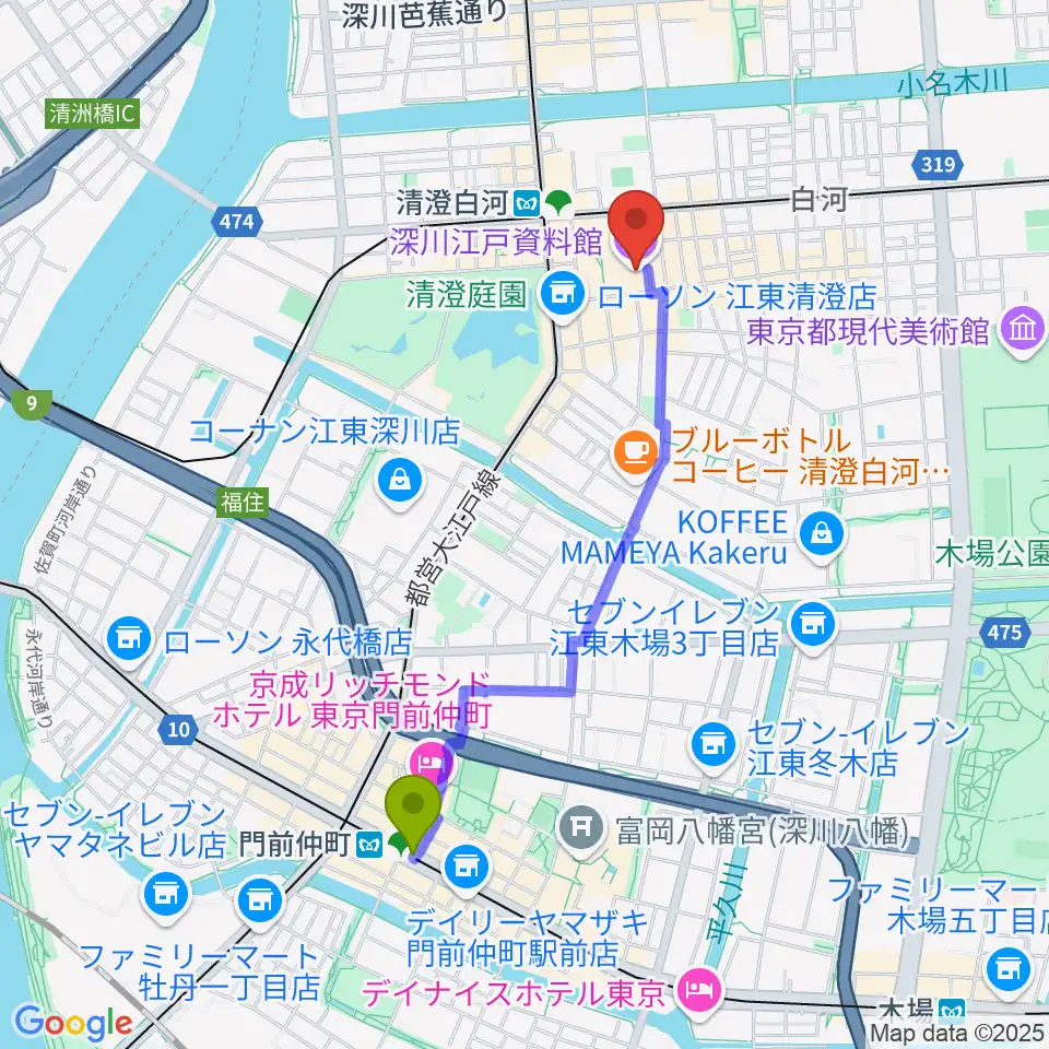 門前仲町駅から深川江戸資料館へのルートマップ地図