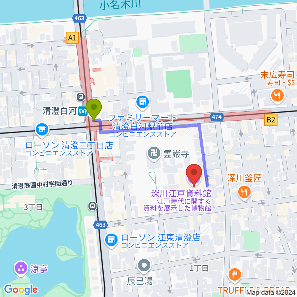 深川江戸資料館の最寄駅清澄白河駅からの徒歩ルート（約3分）地図