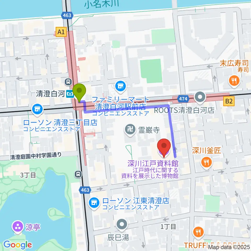 深川江戸資料館の最寄駅清澄白河駅からの徒歩ルート（約3分）地図