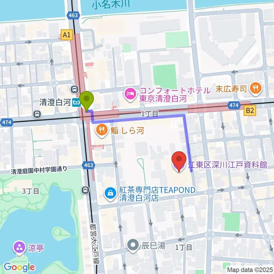 深川江戸資料館の最寄駅清澄白河駅からの徒歩ルート（約3分）地図