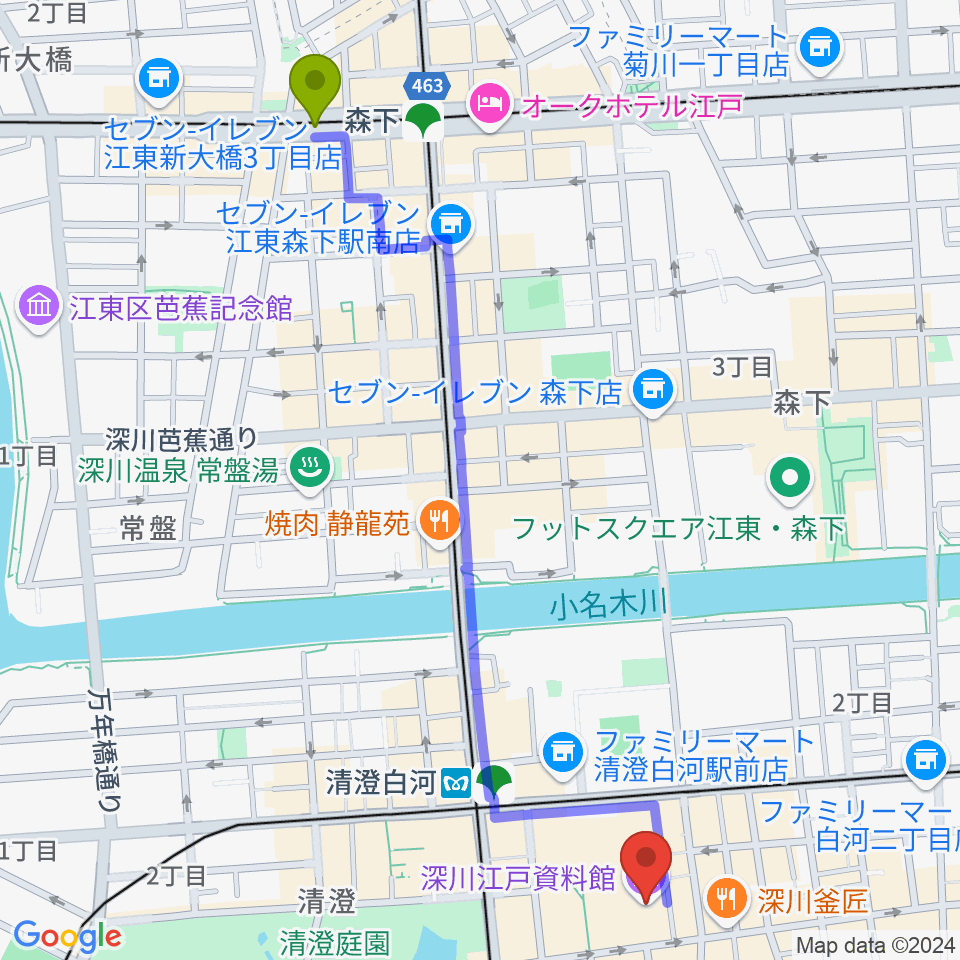 森下駅から深川江戸資料館へのルートマップ地図