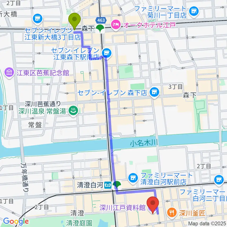 森下駅から深川江戸資料館へのルートマップ地図