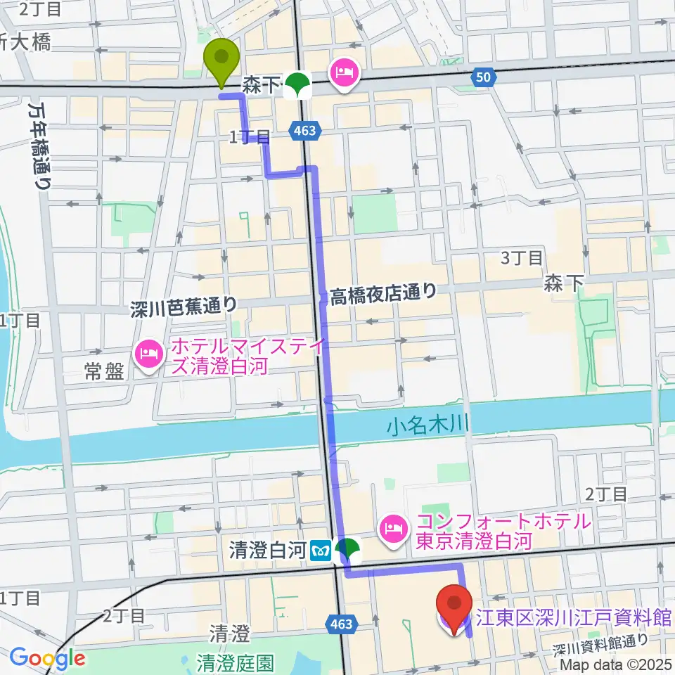 森下駅から深川江戸資料館へのルートマップ地図