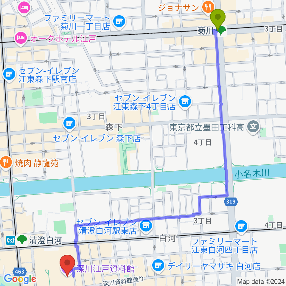 菊川駅から深川江戸資料館へのルートマップ地図