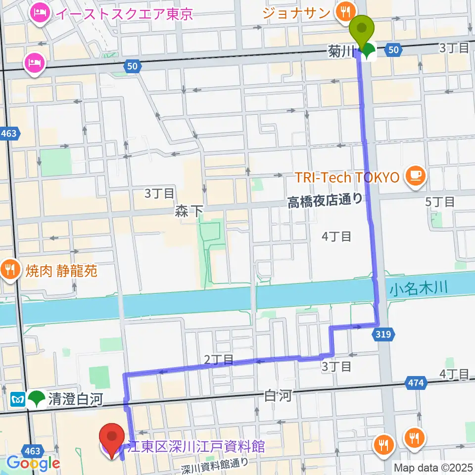 菊川駅から深川江戸資料館へのルートマップ地図