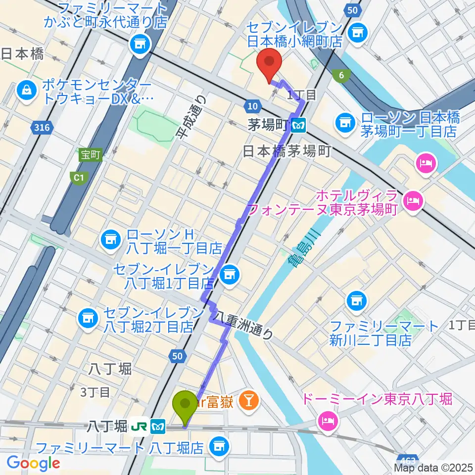 八丁堀駅から東京証券会館ホールへのルートマップ地図