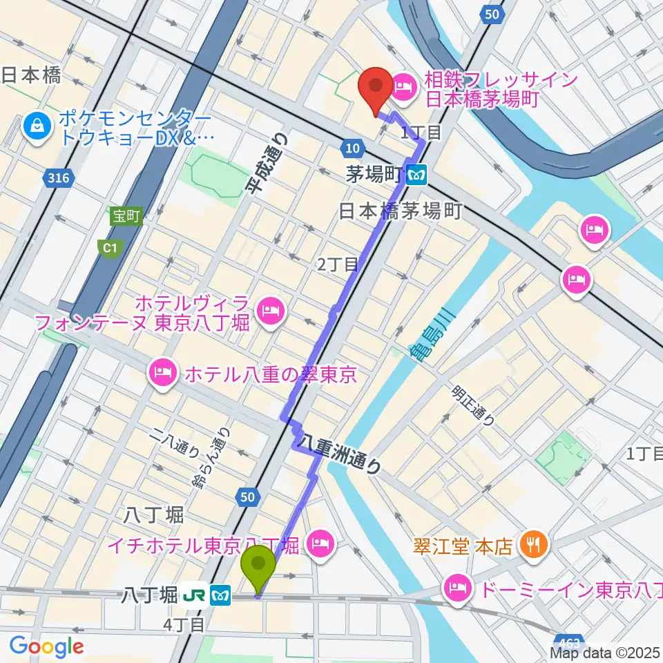 八丁堀駅から東京証券会館ホールへのルートマップ地図