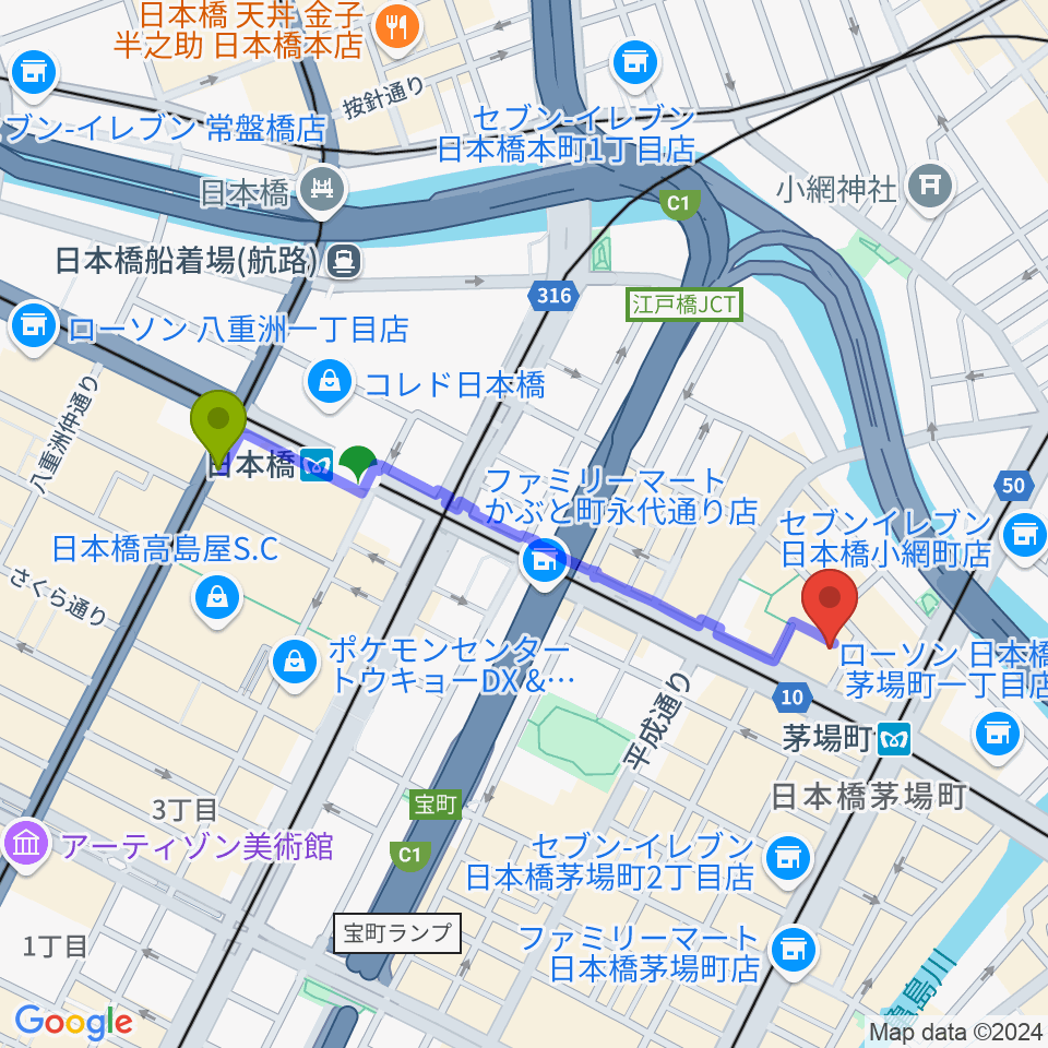 日本橋駅から東京証券会館ホールへのルートマップ地図