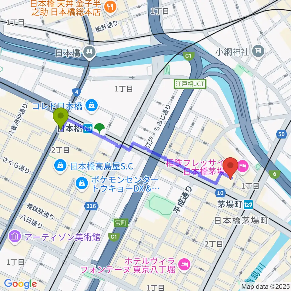 日本橋駅から東京証券会館ホールへのルートマップ地図
