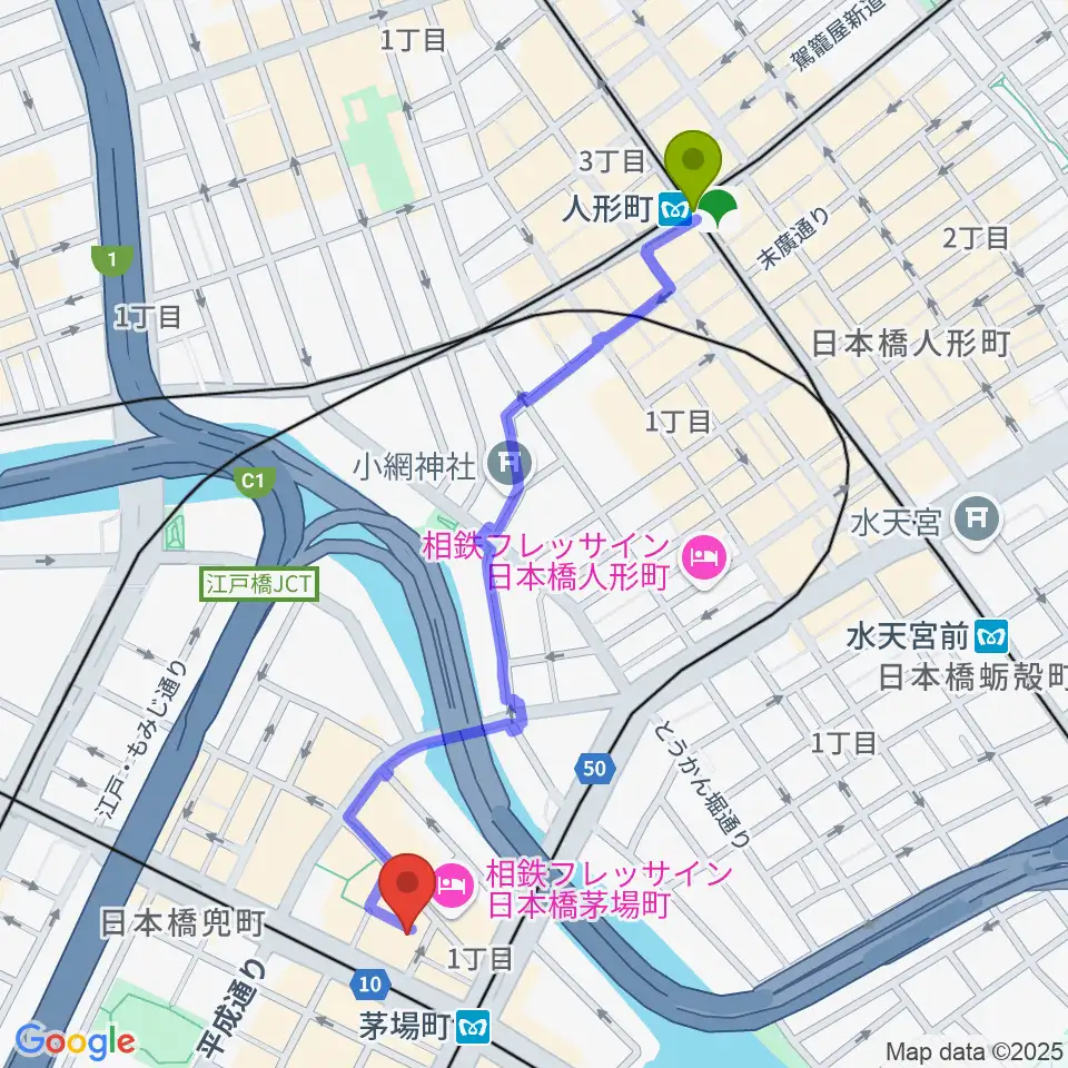 人形町駅から東京証券会館ホールへのルートマップ地図