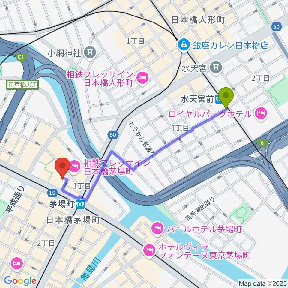 水天宮前駅から東京証券会館ホールへのルートマップ地図