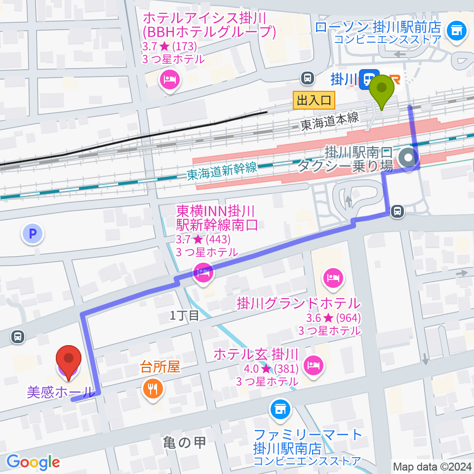 掛川市美感ホールの最寄駅掛川駅からの徒歩ルート（約7分）地図