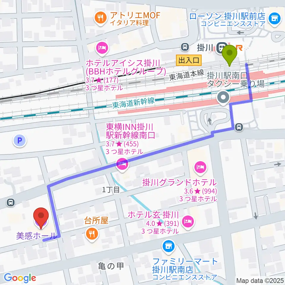 掛川市美感ホールの最寄駅掛川駅からの徒歩ルート（約7分）地図
