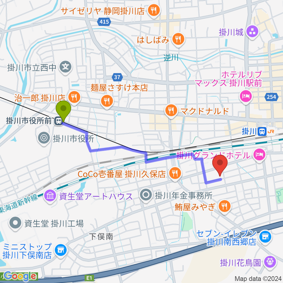 掛川市役所前駅から掛川市美感ホールへのルートマップ地図