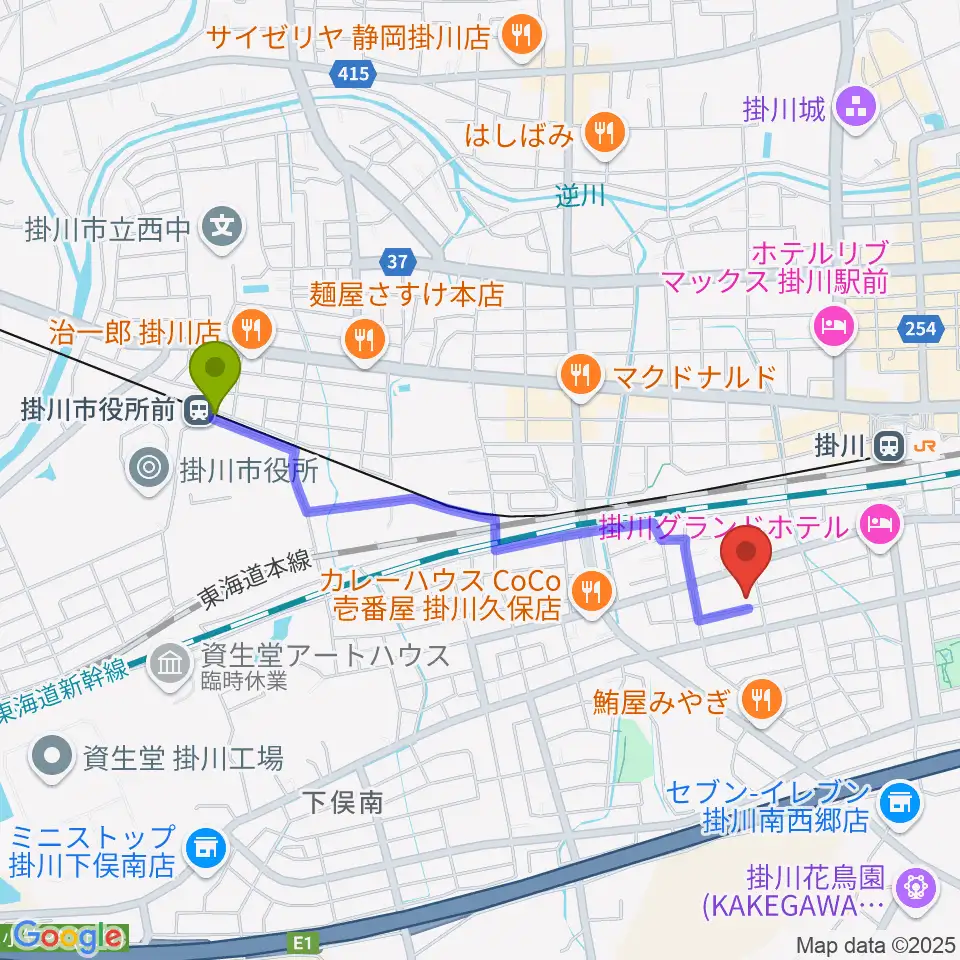 掛川市役所前駅から掛川市美感ホールへのルートマップ地図