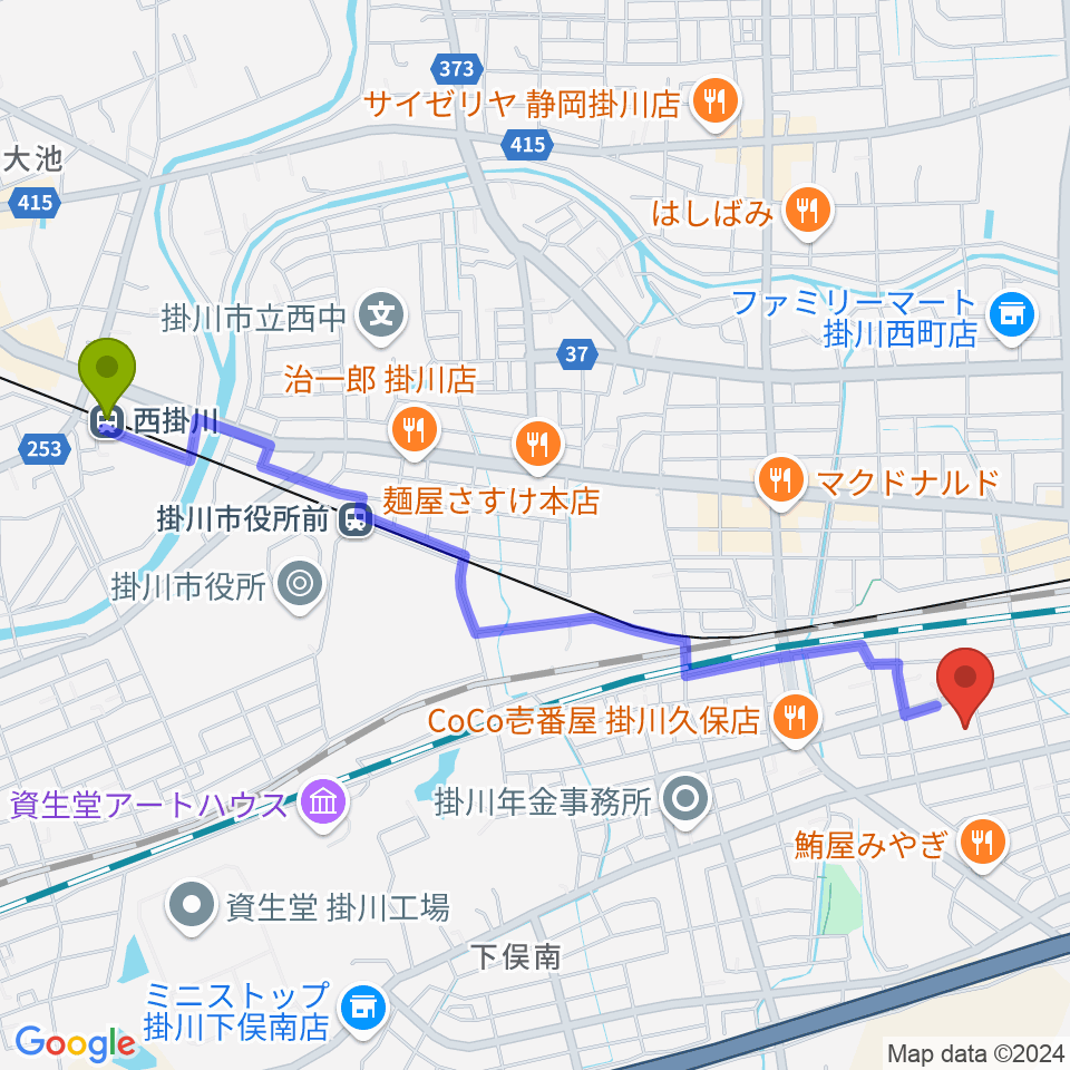 西掛川駅から掛川市美感ホールへのルートマップ地図