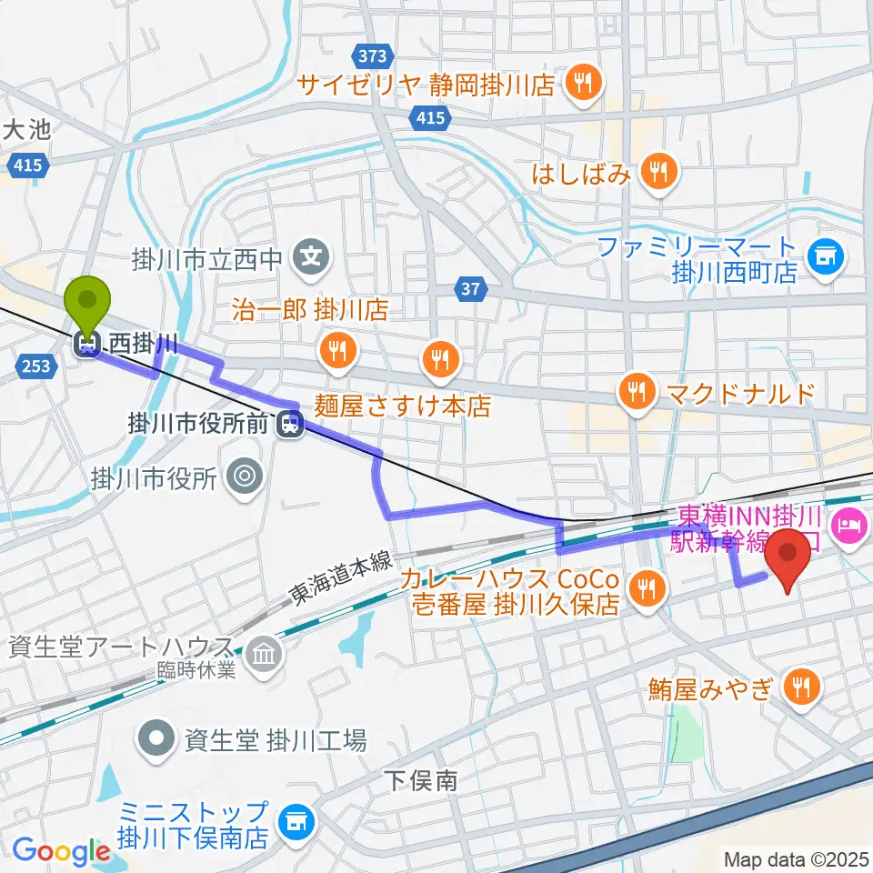 西掛川駅から掛川市美感ホールへのルートマップ地図