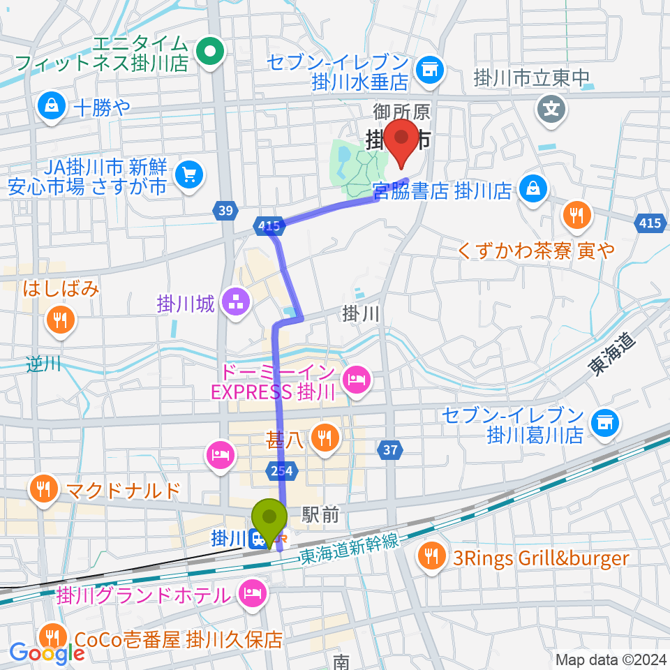 掛川市生涯学習センターの最寄駅掛川駅からの徒歩ルート（約19分）地図