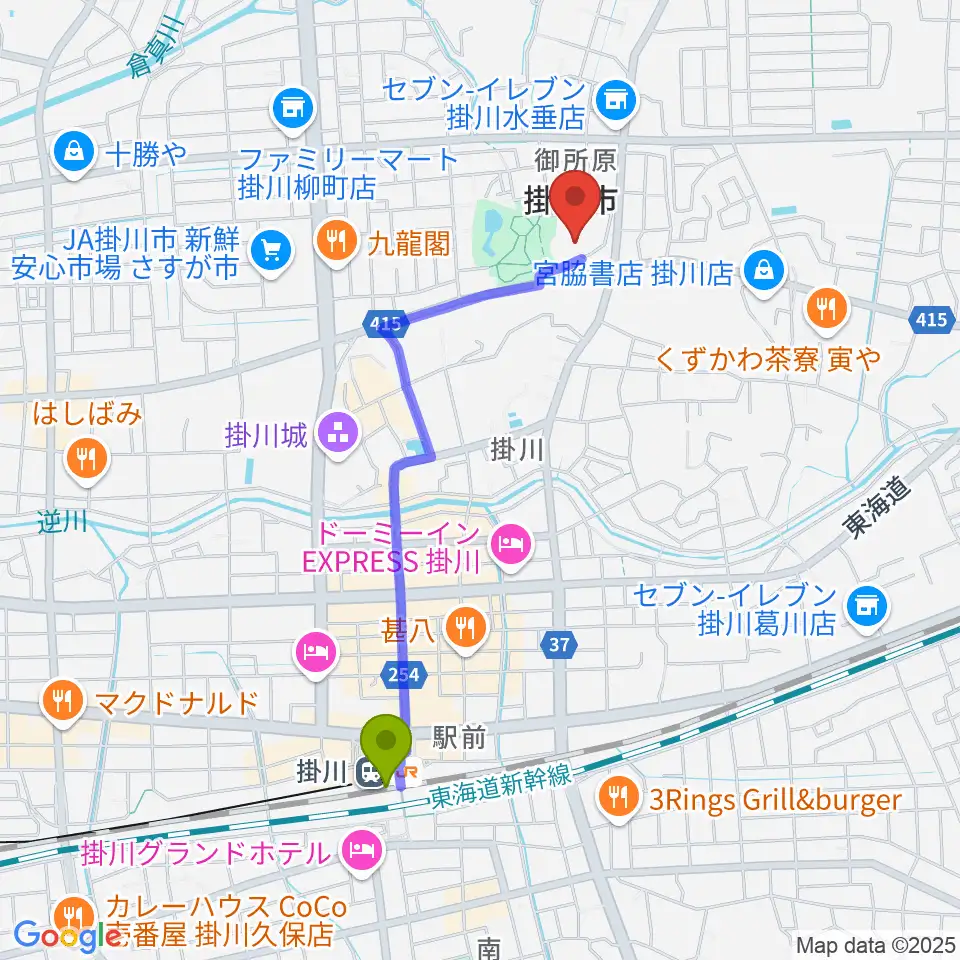 掛川市生涯学習センターの最寄駅掛川駅からの徒歩ルート（約19分）地図