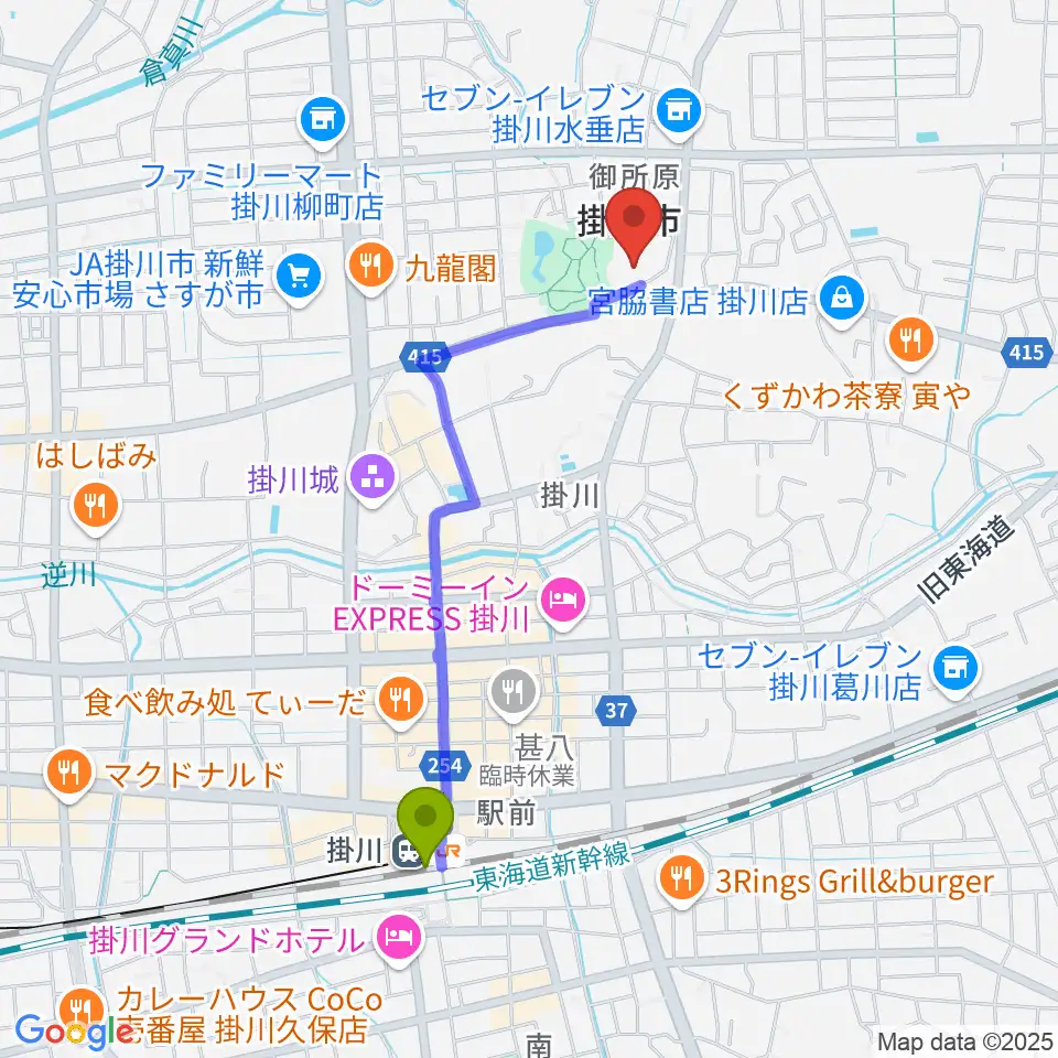 掛川市生涯学習センターの最寄駅掛川駅からの徒歩ルート（約19分）地図