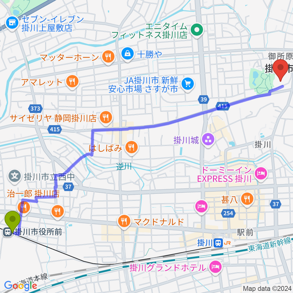 掛川市役所前駅から掛川市生涯学習センターへのルートマップ地図