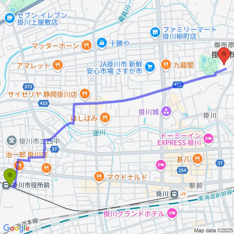 掛川市役所前駅から掛川市生涯学習センターへのルートマップ地図