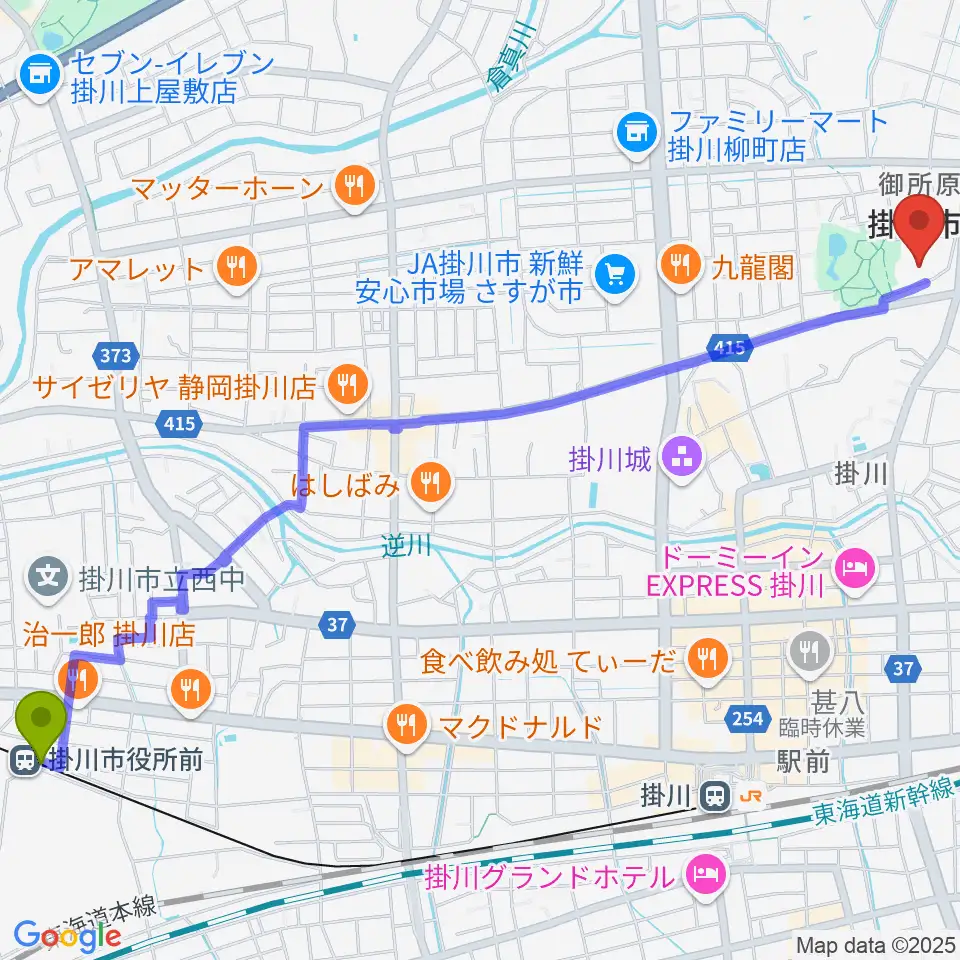 掛川市役所前駅から掛川市生涯学習センターへのルートマップ地図