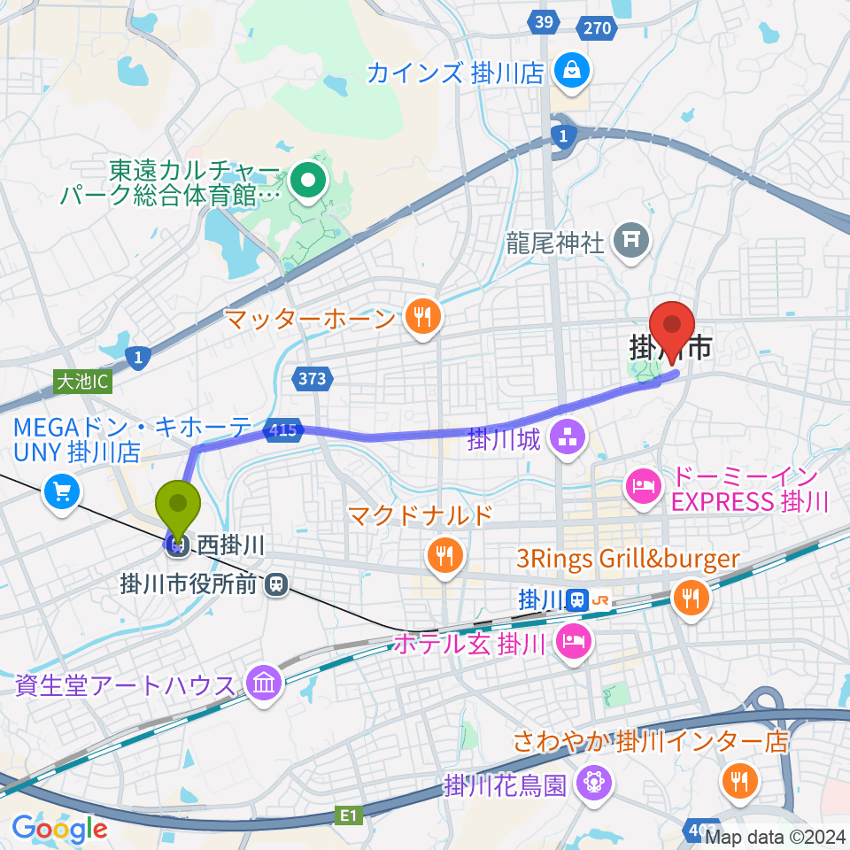 西掛川駅から掛川市生涯学習センターへのルートマップ地図