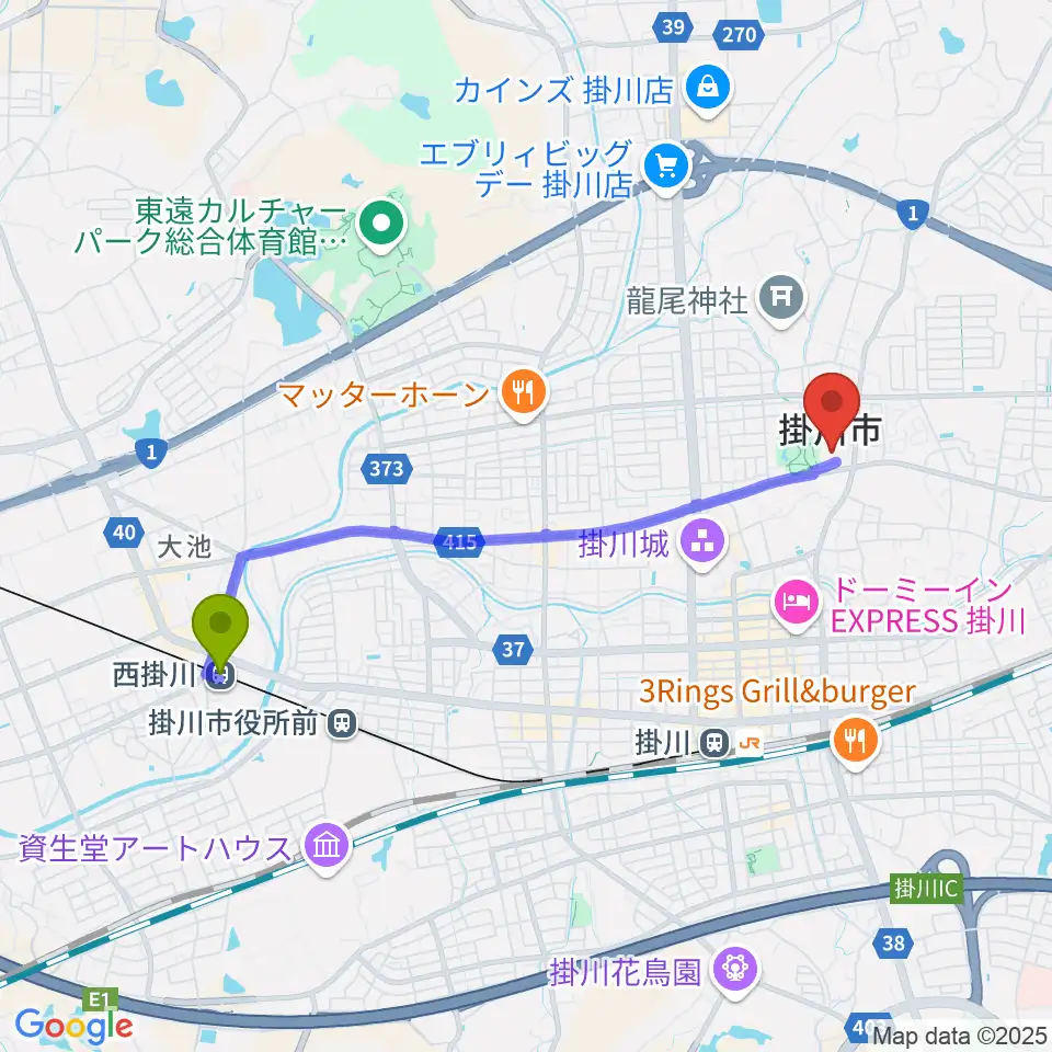 西掛川駅から掛川市生涯学習センターへのルートマップ地図