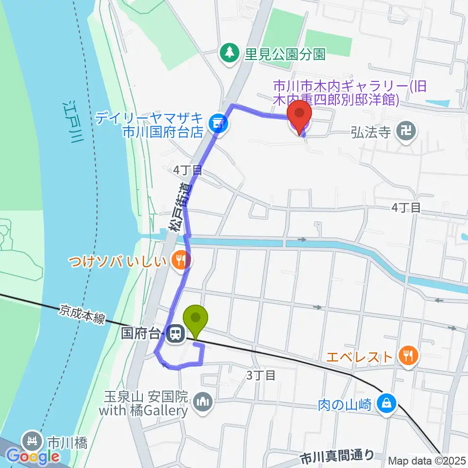 木内ギャラリーの最寄駅国府台駅からの徒歩ルート（約8分）地図