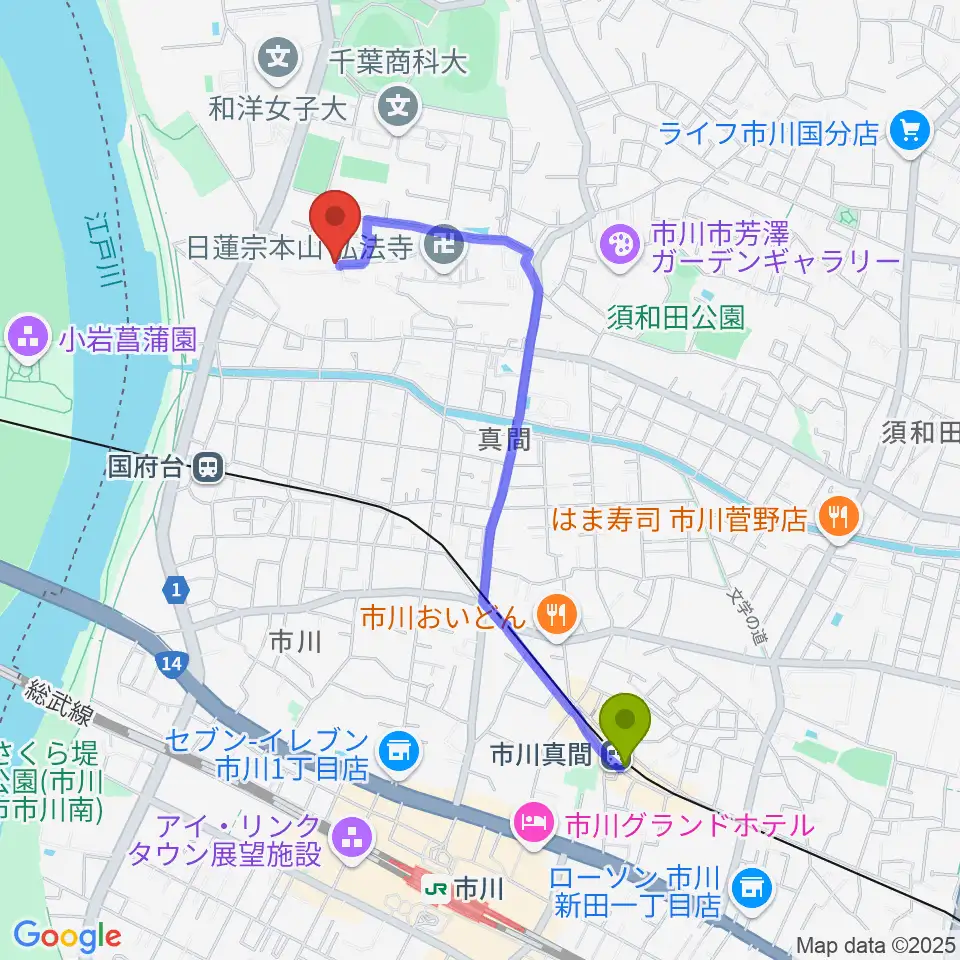 市川真間駅から木内ギャラリーへのルートマップ地図