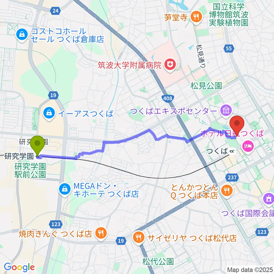 研究学園駅からつくば文化会館アルスへのルートマップ地図