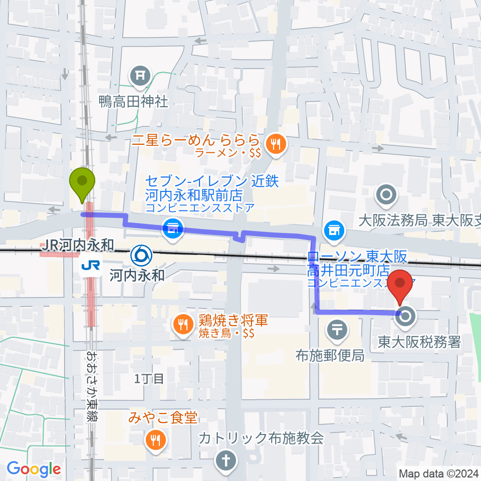 Live Barエレキの店の最寄駅ＪＲ河内永和駅からの徒歩ルート（約5分）地図