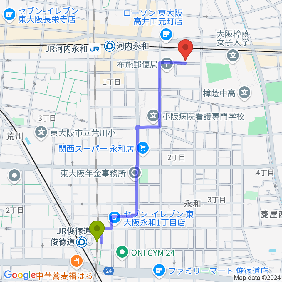 ＪＲ俊徳道駅からLive Barエレキの店へのルートマップ地図