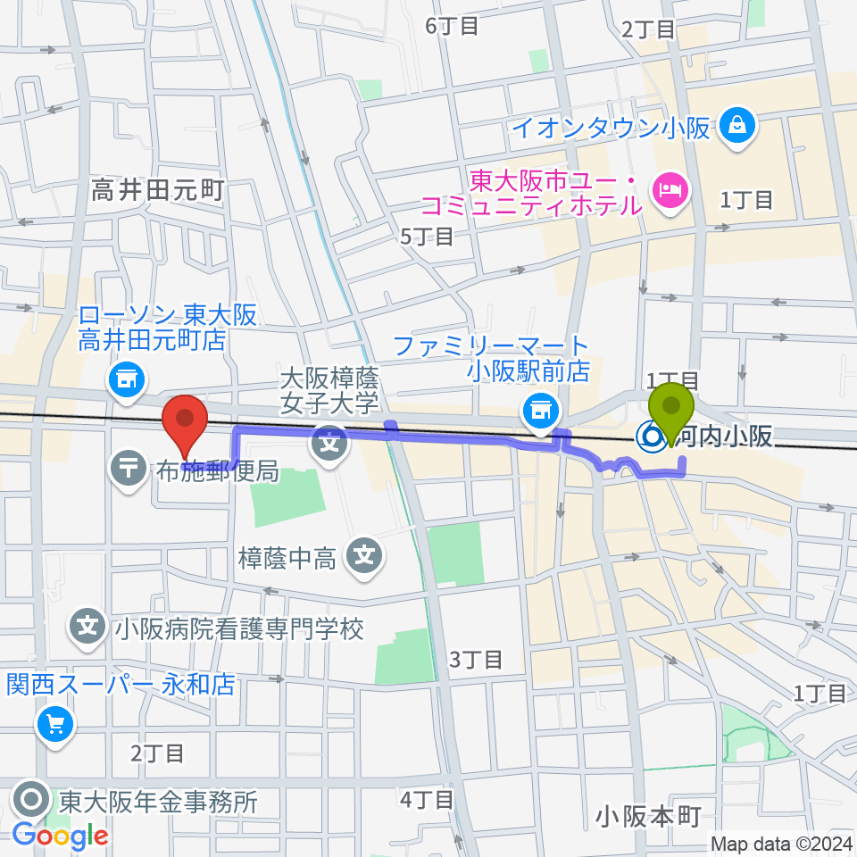 河内小阪駅からLive Barエレキの店へのルートマップ地図