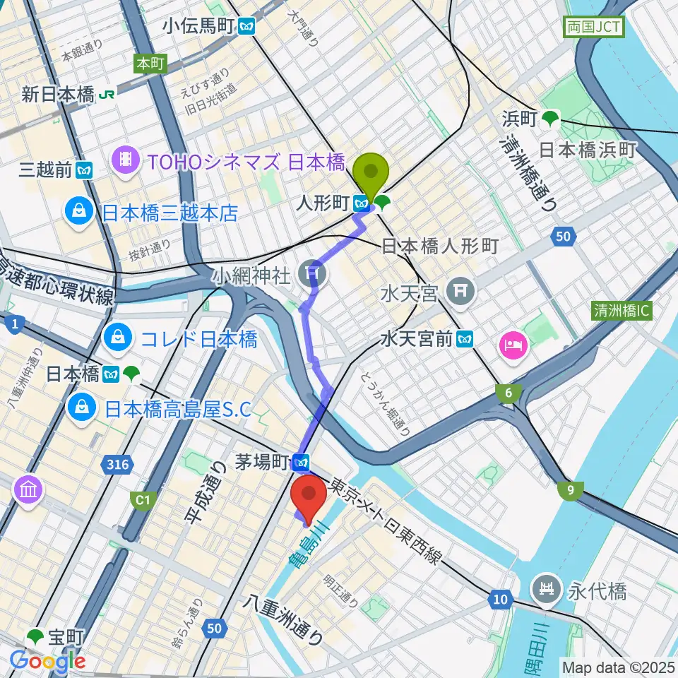 人形町駅からグランドギャラリー東京へのルートマップ地図