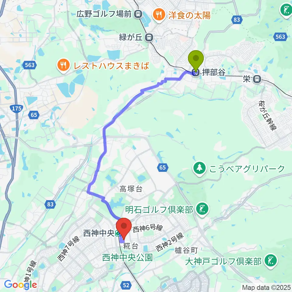 押部谷駅から神戸市西区文化センターへのルートマップ地図