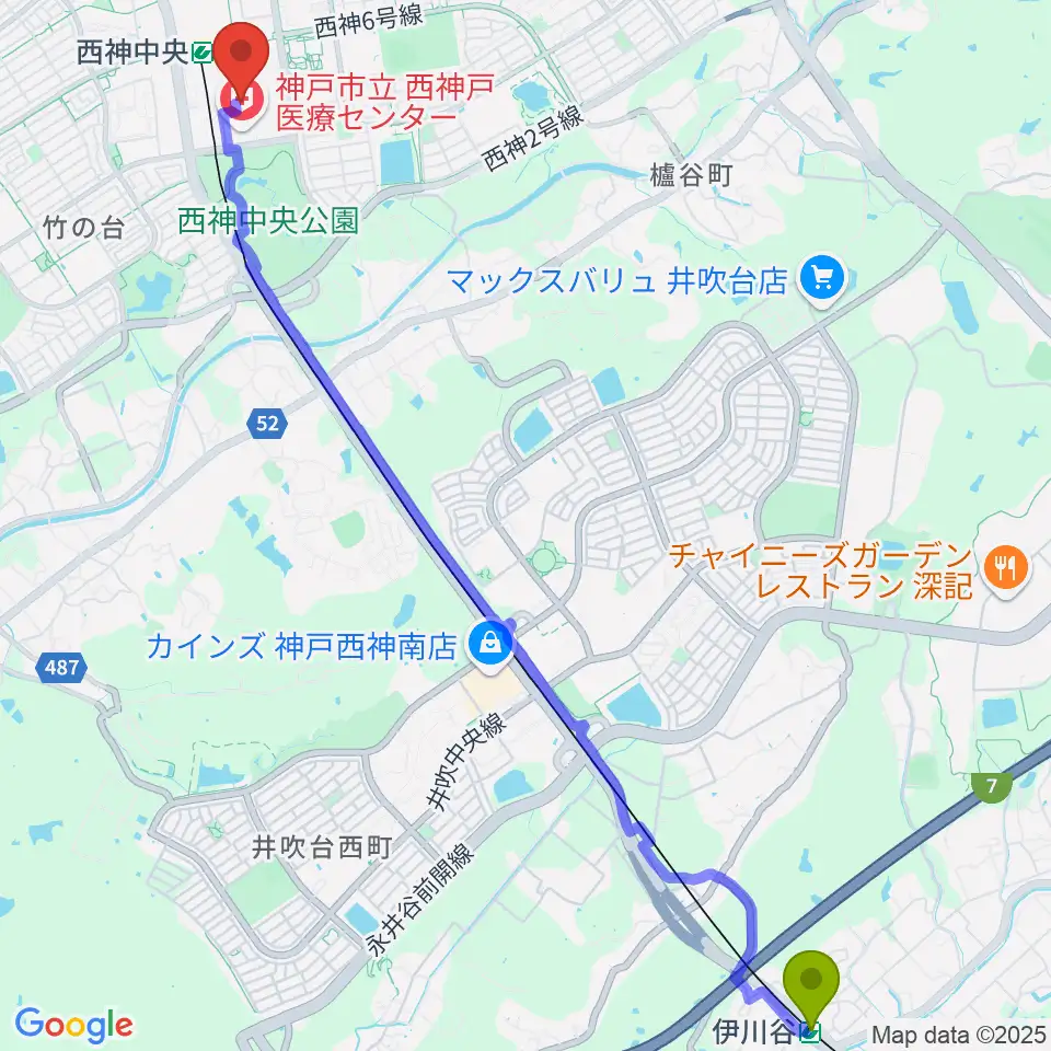 伊川谷駅から神戸市西区文化センターへのルートマップ地図