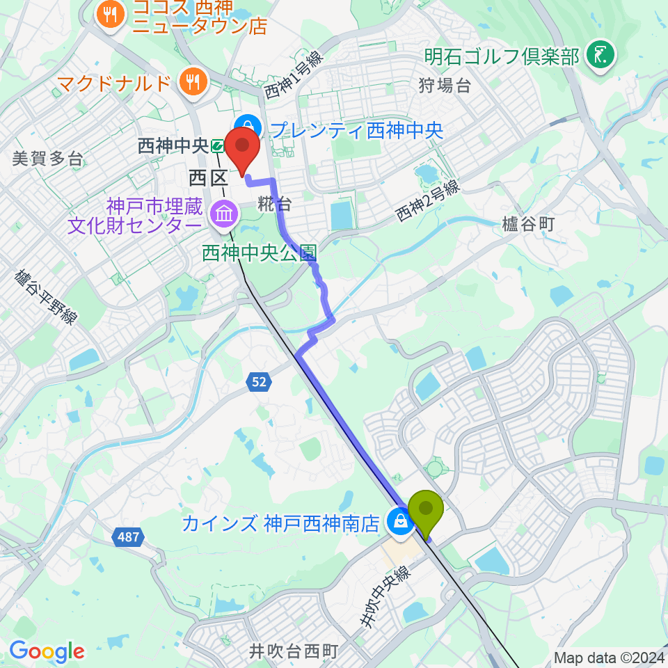 西神南駅から神戸市西区文化センターへのルートマップ地図