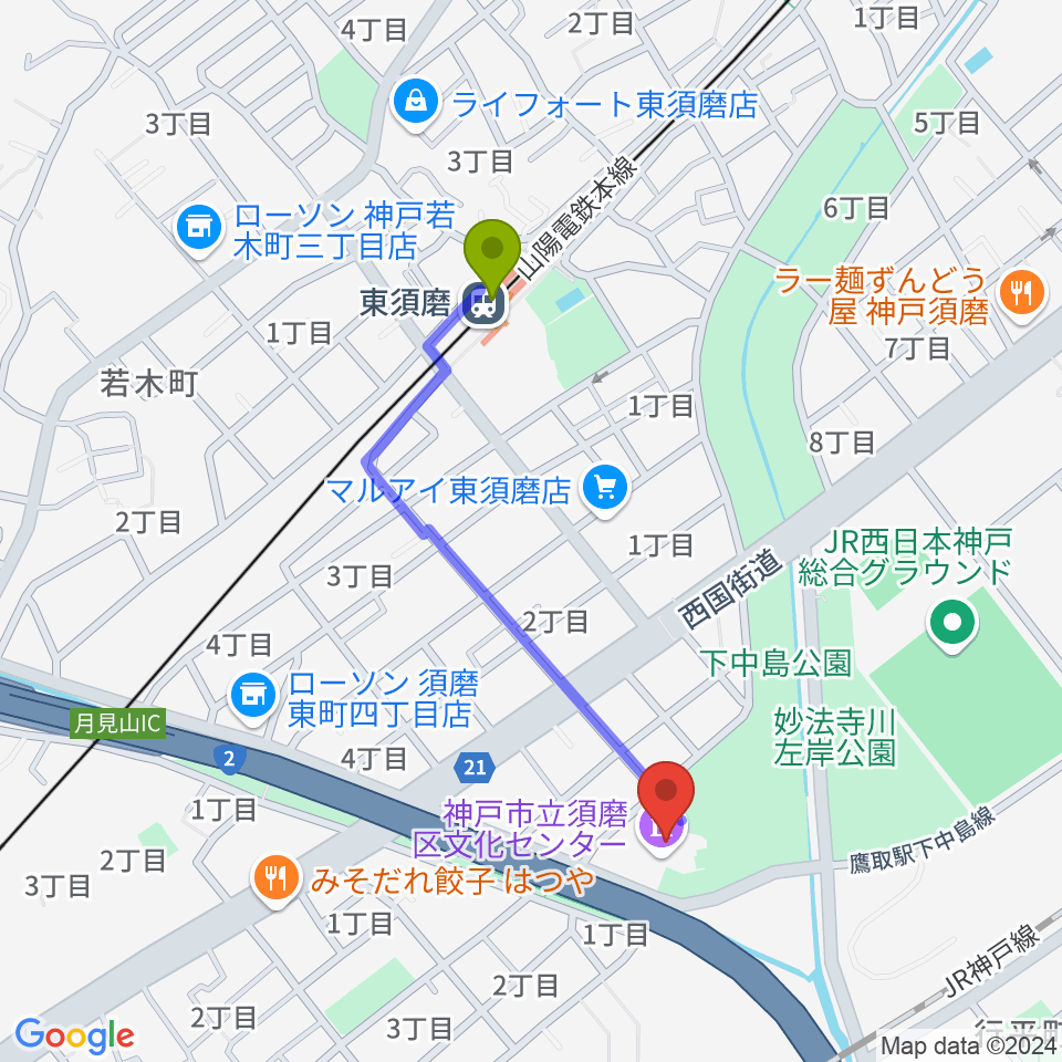 東須磨駅から須磨区文化センターへのルートマップ地図