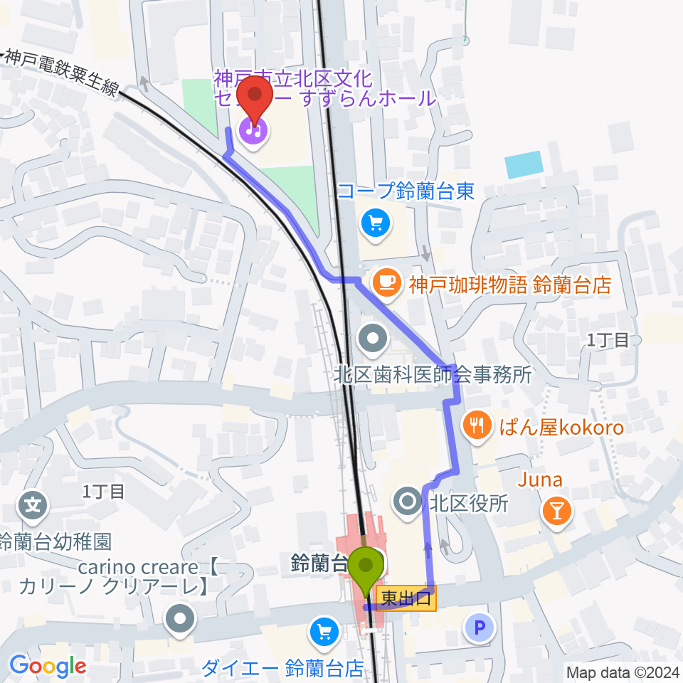 北区文化センター すずらんホールの最寄駅鈴蘭台駅からの徒歩ルート（約6分）地図