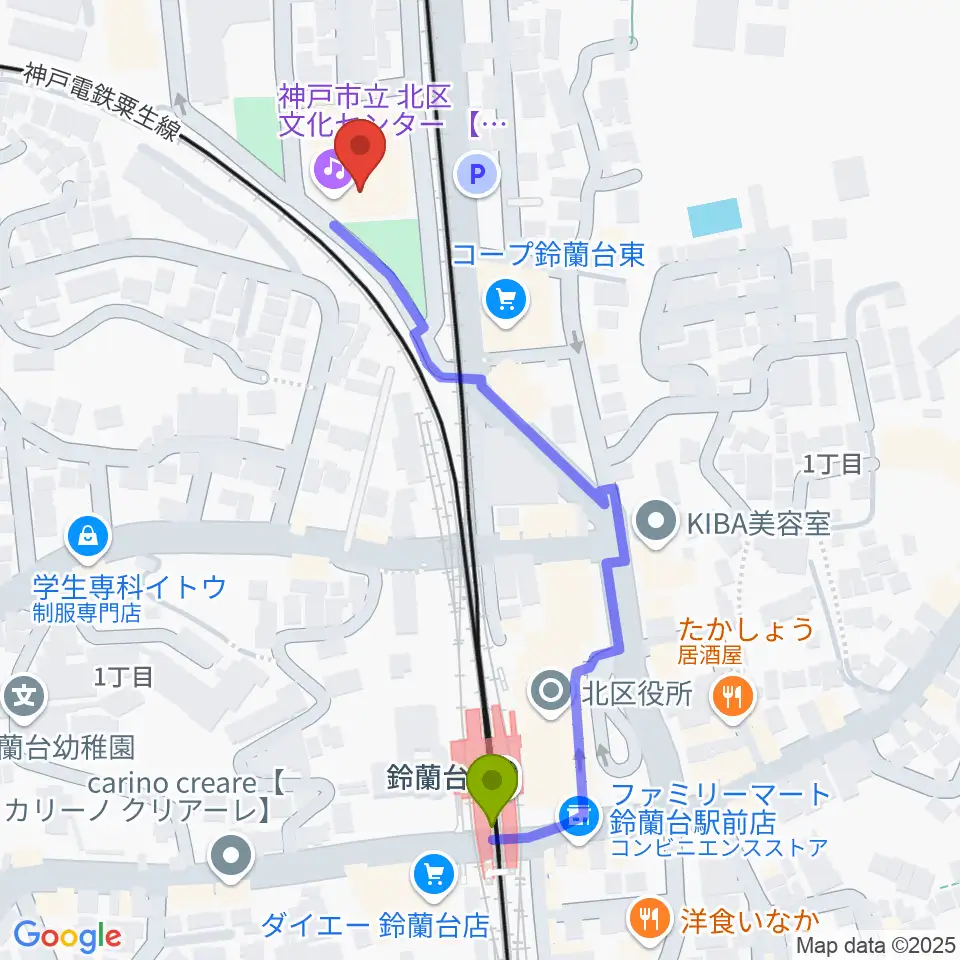 神戸市立北区文化センターの最寄駅鈴蘭台駅からの徒歩ルート（約5分）地図