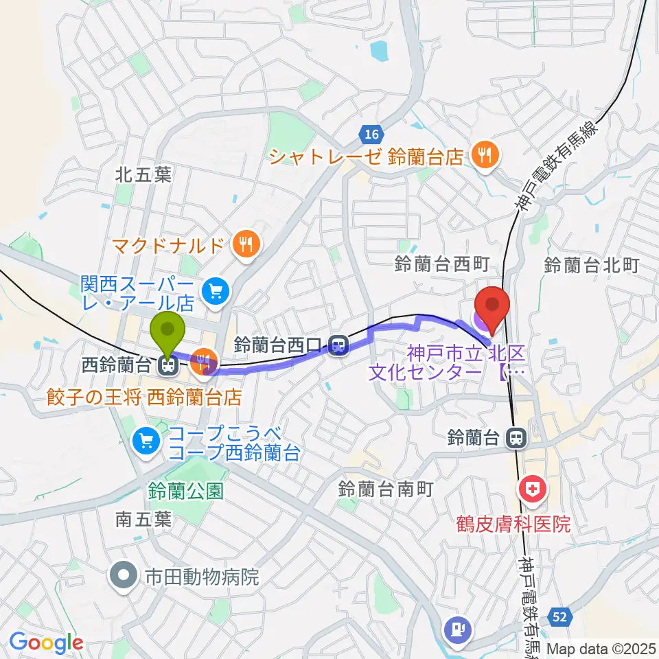 西鈴蘭台駅から神戸市立北区文化センターへのルートマップ地図