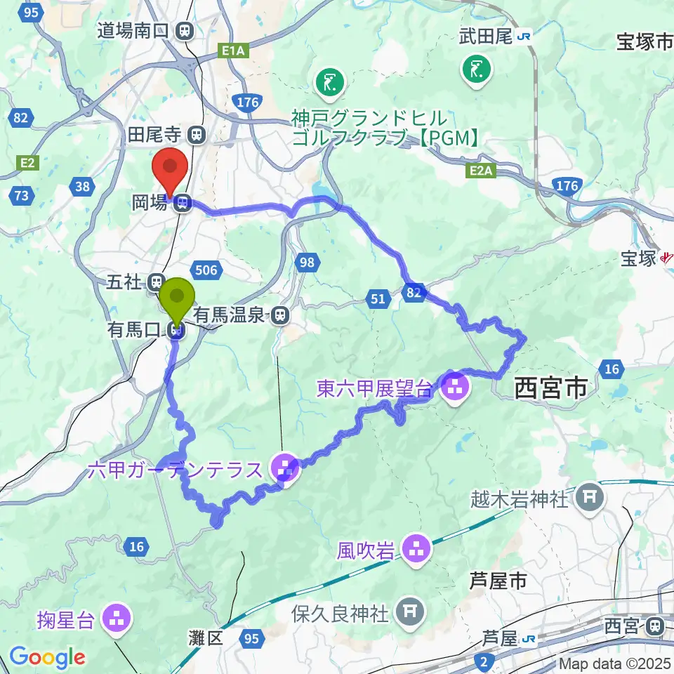 有馬口駅から神戸市立北神区文化センターへのルートマップ地図