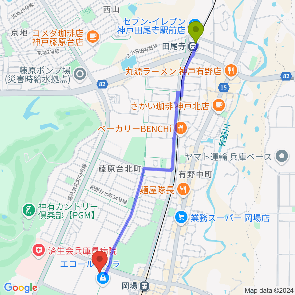 田尾寺駅から北神区文化センター ありまホールへのルートマップ地図