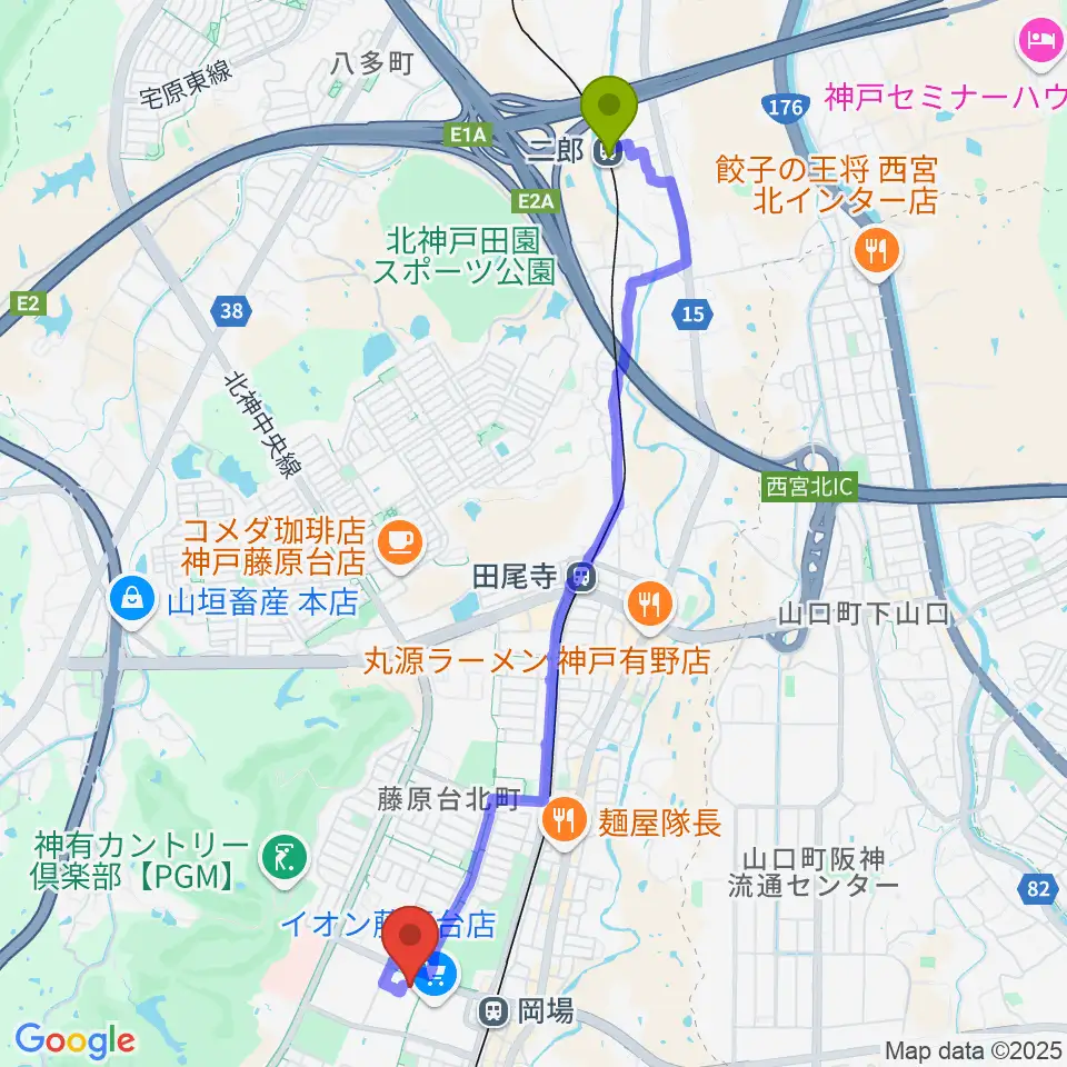 二郎駅から神戸市立北神区文化センターへのルートマップ地図
