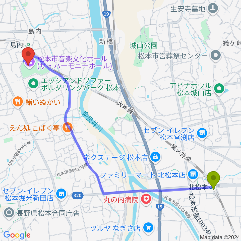 北松本駅から松本市音楽文化ホール ザ・ハーモニーホールへのルートマップ地図