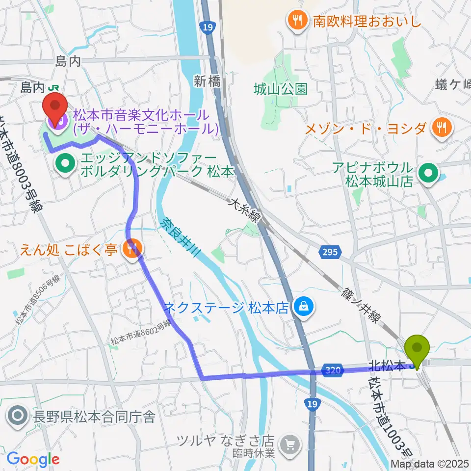 北松本駅から松本市音楽文化ホール ザ・ハーモニーホールへのルートマップ地図