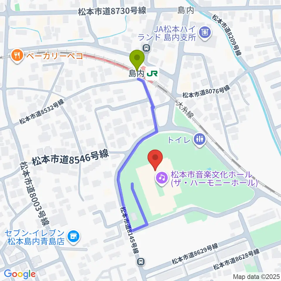 松本市音楽文化ホール ザ・ハーモニーホールの最寄駅島内駅からの徒歩ルート（約3分）地図