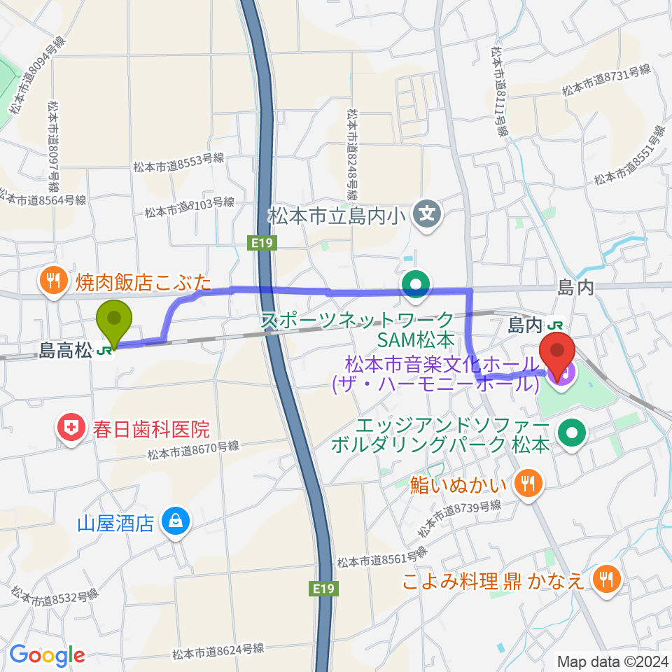 島高松駅から松本市音楽文化ホール ザ・ハーモニーホールへのルートマップ地図